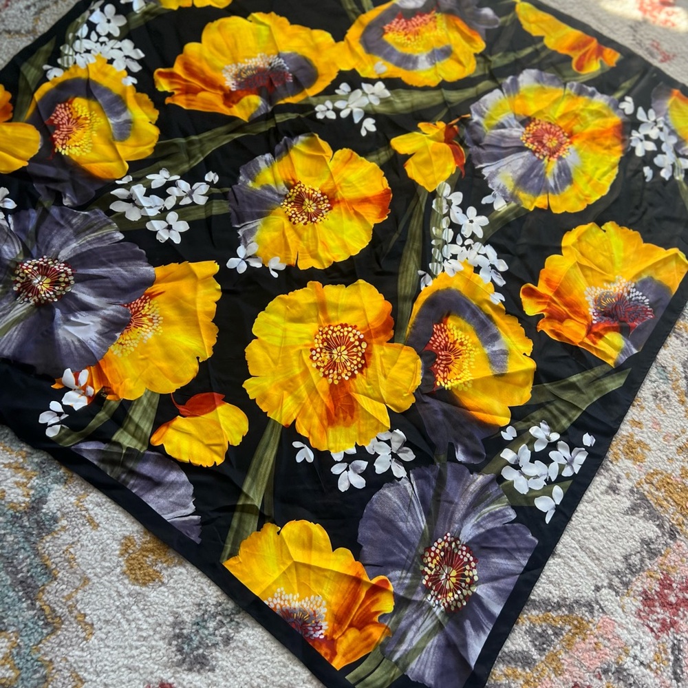 Bold Floral Scarf with Yellow and Purple Blooms Oscar de la Renta